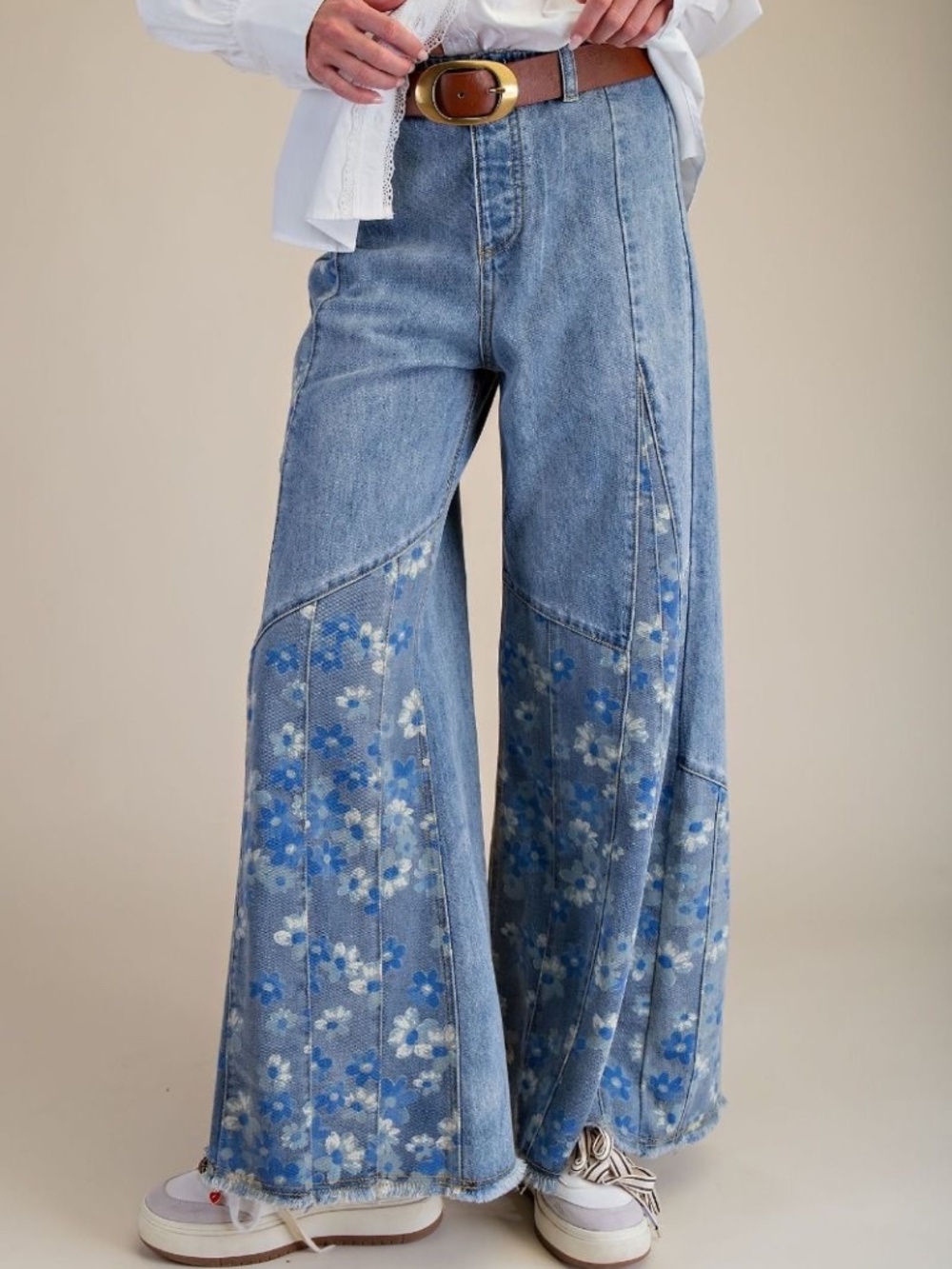 New Easel Light Wash Floral Print Panel Wide leg Pants Frayed Hem Denim Jeans - Picture 7 of 10